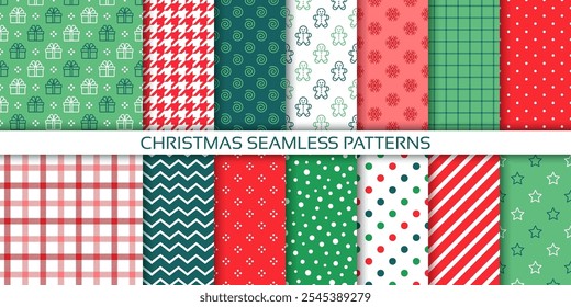 Christmas wrapping background. Seamless pattern. Holiday Xmas gift wrap paper. Set green red wallpaper. Textures with present, stripes, zigzag, polka dot, checkered. Festive print. Vector illustration