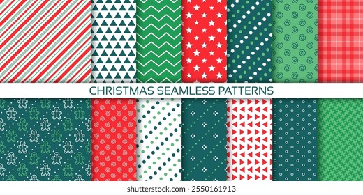 Christmas wrapping background. Seamless pattern. Xmas gift wrap paper. Set green red wallpaper. Holiday textures with candy cane stripes, zigzag, polka dot, spirals. Festive print. Vector illustration