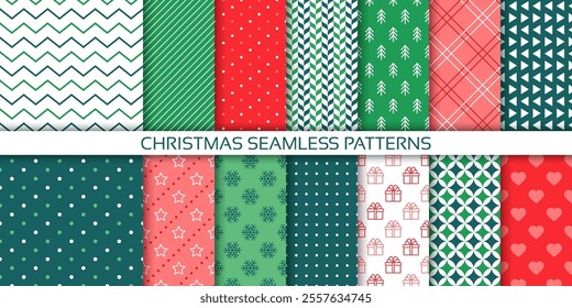 Christmas wrapping background. Seamless patterns. Set gift wrap papers. Xmas green red wallpaper. Holiday textures with polka dots, zigzag, snowflakes, present, trees. Noel prints. Vector illustration