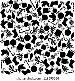 Christmas Wrapping Paper, Black Objects on White Background, Vector Version