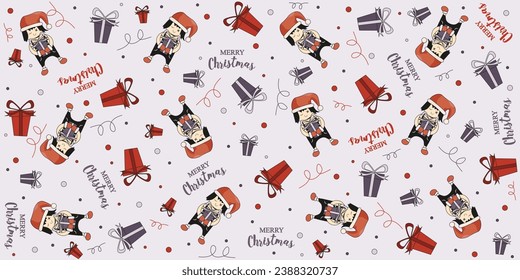 
Christmas Wrapping paper with funky weird Cartoon Character with gift box. Trendy retro xmas wrap with funny person in Santa hat. Vector illustration can used  wallpaper, textile, t-shirt print.