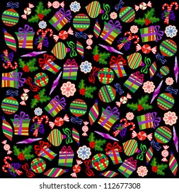 Christmas Wrapping Paper with Holly Berries, Snowballs, Snowflakes, Sweets and Gift Boxes on Black Background