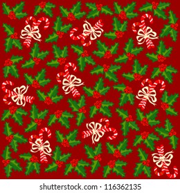 Christmas Wrapping Paper with Holly Berries and Sweets on Red Background