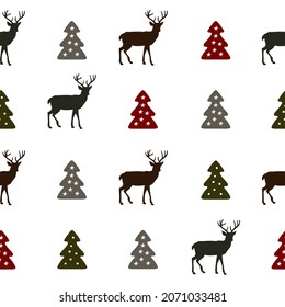 christmas wrapping paper pattern with fir and deer. New year greeting card