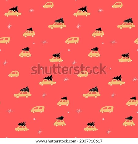 Christmas wrapping paper pattern, christmas tree delivery on car roof. Holidays trafic jam seamless vector background, gold cars on red background.