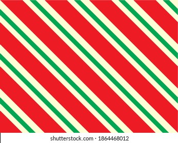 Christmas wrapping paper with Red, yellow and lime green stripes. Candy cane seamless pattern with straight diagonal lines. Vector repeating striped tile. Classic background illustration. 