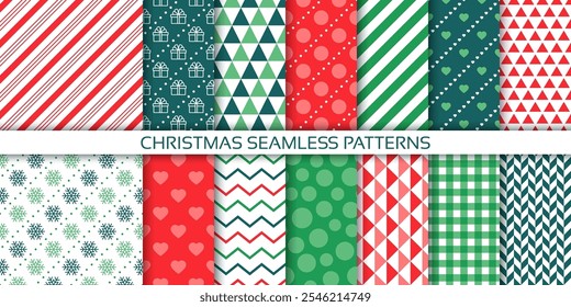 Christmas wrapping paper. Seamless pattern. Holiday Xmas background. Set green red wallpaper. Prints with candy cane stripe, gift box, snowflake, zigzag, triangle. Festive texture. Vector illustration