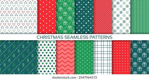 Christmas wrapping paper. Seamless pattern. Xmas backgrounds. Holiday prints with polka dot, stripes, tree, gift box, zigzag and checks. Set green red wallpaper. Festive textures. Vector illustration