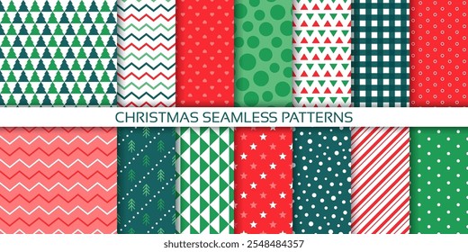 Christmas wrapping paper. Seamless pattern. Xmas backgrounds. Holiday prints with polka dot, zigzag, candy cane stripes, tree and checks. Set green red wallpaper. Festive textures. Vector illustration