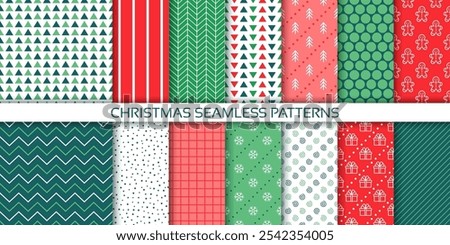 Christmas wrapping paper. Seamless pattern. Holiday Xmas backgrounds. Textures with zigzag, stripes, snowflake, triangle, gift box, checks. Set green red wallpaper. Festive prints. Vector illustration