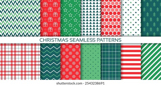 Christmas wrapping papers. Seamless pattern. Holiday Xmas backgrounds. Set green red wallpaper. Textures with gift box, star, tree, zigzag, triangle and checkered. Festive prints. Vector illustration