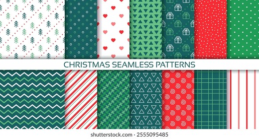 Christmas wrapping papers. Seamless pattern. Holiday Xmas background. Set green red wallpaper. Prints with trees, zigzag, candy cane stripes, dots, present. Festive noel textures. Vector illustration