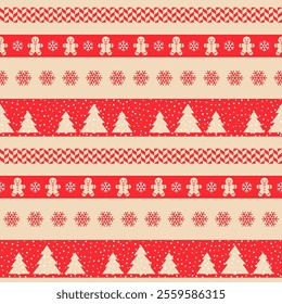 Christmas wrapping papers. Seamless pattern. Retro holiday background. Set red beige wallpaper. Xmas vintage prints with trees, snowflake, gingerbread man. Festive noel textures. Vector illustration