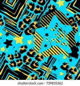 Christmas wrapping paper.Seamless pattern with stars strips and grunge ink texture