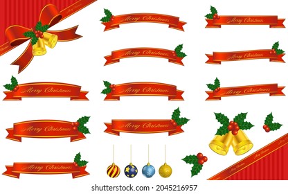 Christmas wrapping ribbon with holly, Christmas ball and bell set