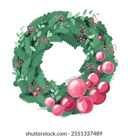 A Christmas wreath adorned with large red ornaments and small berries on a backdrop of lush green leaves The bright red accents and rich green shades