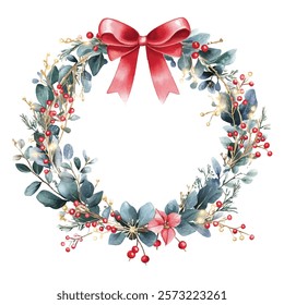 Christmas wreath adorned with red berries, pinecones, and a vibrant red bow. Perfect for holiday decor, greeting cards, and seasonal designs. Captures the essence of winter celebrations