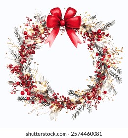 Christmas wreath adorned with red berries, pine branches, and golden accents, topped with a vibrant red bow. Perfect for holiday decorations, greeting cards, and seasonal designs.