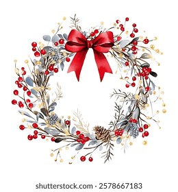 Christmas wreath adorned with red berries, pine branches, and golden accents, topped with a vibrant red bow. Perfect for holiday decorations, greeting cards, and seasonal designs.