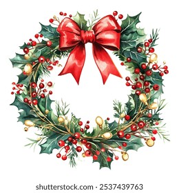 Christmas wreath adorned with vibrant red berries, lush green holly leaves, and a striking red bow. Perfect for holiday decorations, greeting cards, and seasonal designs.