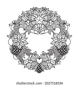 Christmas wreath for adult coloring book, printing on product, laser cutting, paper cutting and so on. Vector illustration.