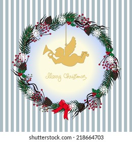 Christmas wreath with angel. Hand drawn vector illustration.