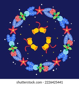 Christmas wreath background with bell, ball, snow and winter element. Vector design illustration.