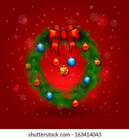 Christmas wreath with ball decoration. merry christmas card 