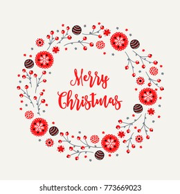 Christmas wreath with balls, berries, stars and snowflakes on light background. Perfect for holiday greeting cards