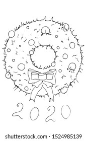 Christmas wreath with balls and bow. Hand drawn wreath. Vector, illustration.