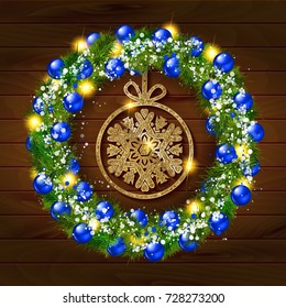 Christmas wreath with balls with Golden snowflake inside. On wooden background. Vector illustration
