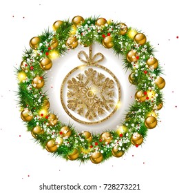 Christmas wreath with balls with Golden snowflake inside. On a white background. Vector illustration