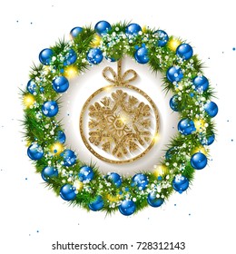 Christmas wreath with balls with Golden snowflake inside. On a white background. Vector illustration