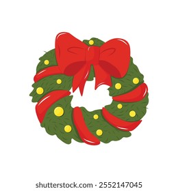 Christmas wreath with Christmas balls and red bow. Isolated a white background for card, postcard, cover. EPS 10