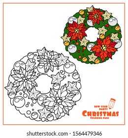 Christmas wreath with balls and red holly color and outlined for coloring page