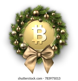 Christmas wreath with Christmas balls, satin bow and gold bitcoin isolated on white. Vector illustration.