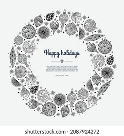 Christmas Wreath With Balls and snowflakes. Design for greeting card, banner, poster
