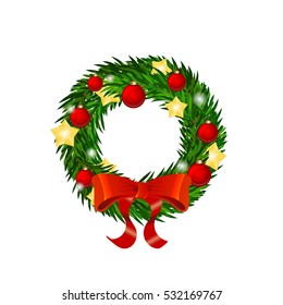 Christmas wreath with balls, stars and bow flares isolated on white background
