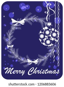 Christmas wreath with Christmas balls surrounded by snow flakes