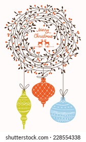 Christmas wreath and Christmas balls. Vector background