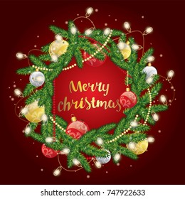 Christmas wreath with balls. Vector illustration for a card or poster. Congratulation. New Year's and Christmas.