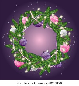 Christmas wreath with balls. Vector illustration for a card or poster. Congratulation. New Year's and Christmas.