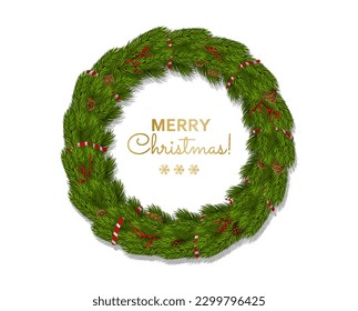Christmas wreath banner. New Year and winter holidays. Design element for greeting and invitation postcard. Pine branches decorated with red berries and ribbons. Cartoon flat vector illustration