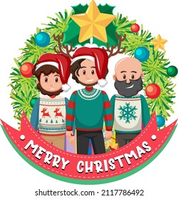 Christmas wreath banner with people wearing Christmas outfits  illustration