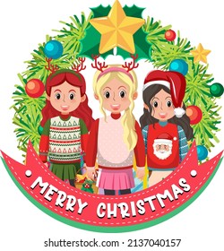 Christmas wreath banner with people wearing Christmas outfits  illustration