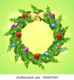 Christmas wreath with baubles.  Christmas background. Vector illustration