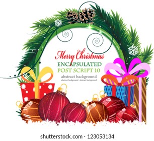 Christmas wreath with baubles, gift boxes, and pine cones on a white background