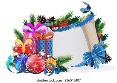 Christmas wreath with baubles, parchment and gifts on a white background