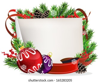 Christmas wreath with baubles,  parchment and red berries on a white background