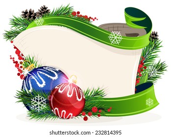 Christmas wreath with baubles,  parchment and red berries on a white background